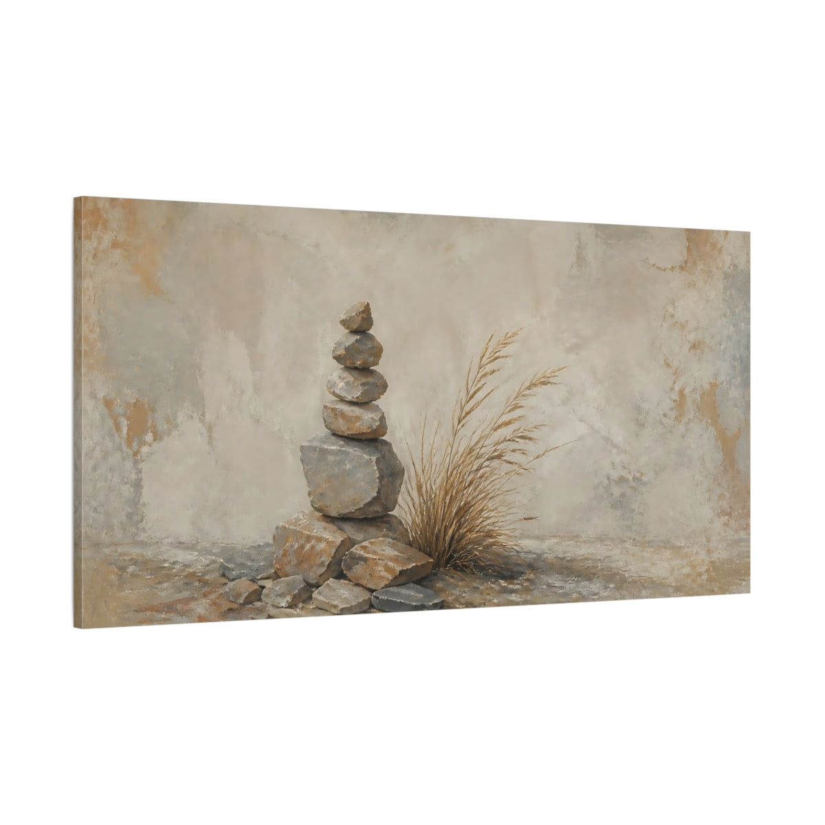 Side Mockup 2. Stone Cairn With Grass shown as canvas print