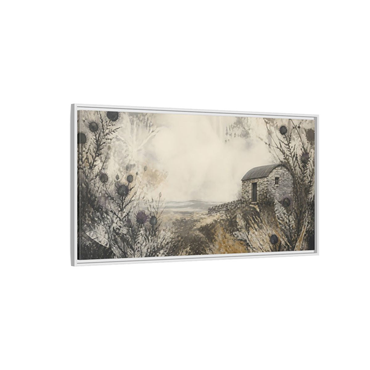 Side Mockup 3. Stone Hut Among Thistles shown as framed canvas print
