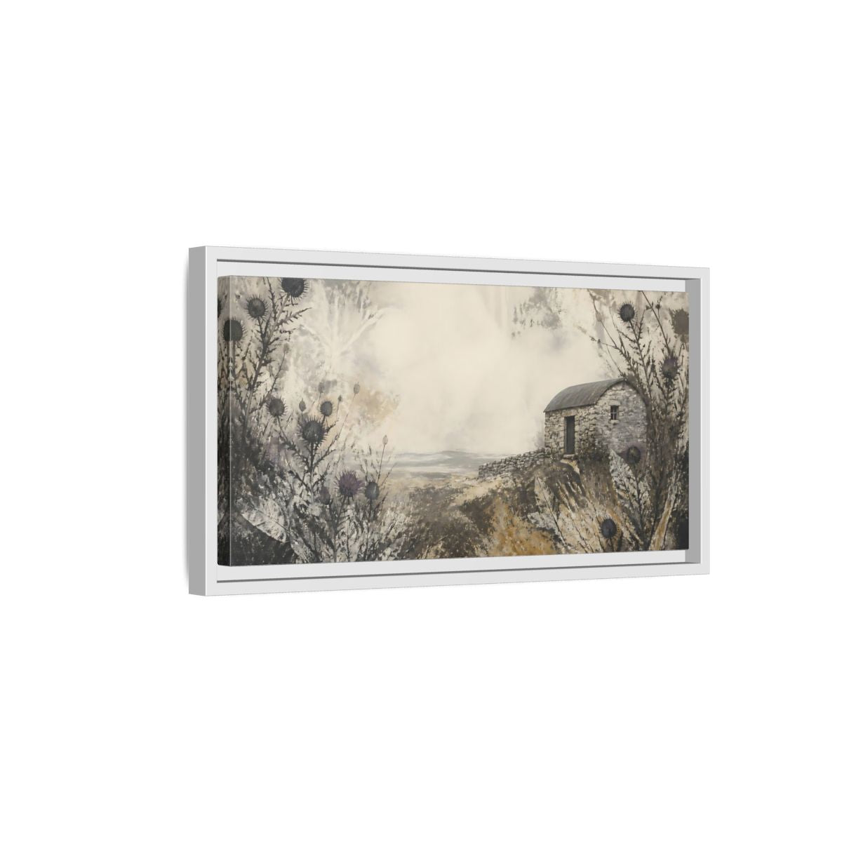 Side Mockup 6. Stone Hut Among Thistles shown as framed canvas print