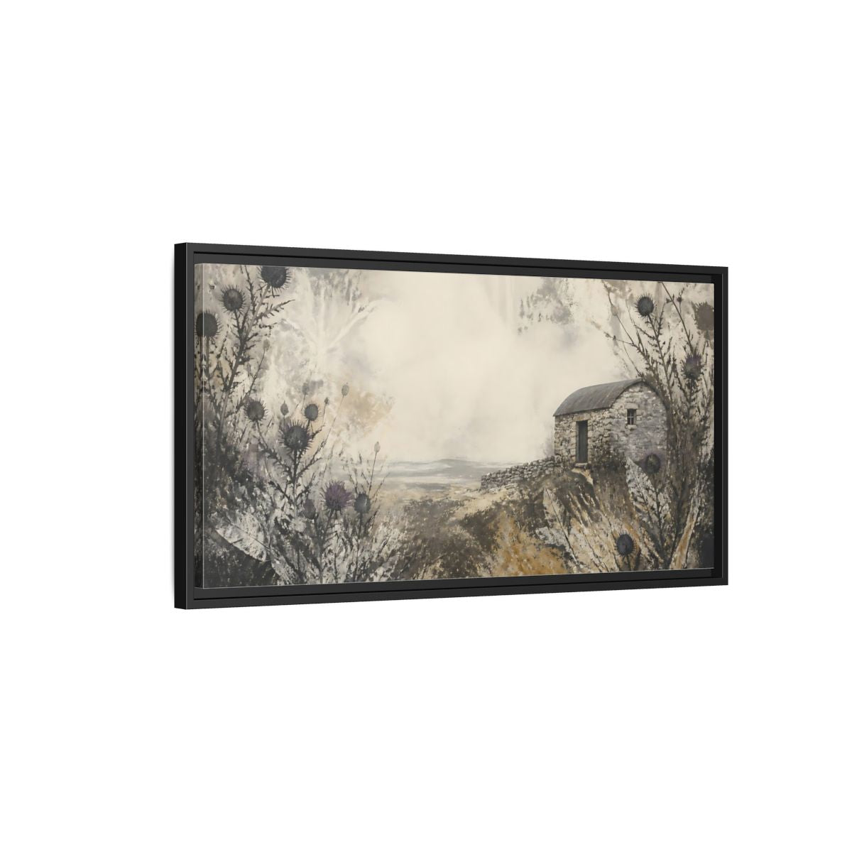 Side Mockup 2. Stone Hut Among Thistles shown as framed canvas print
