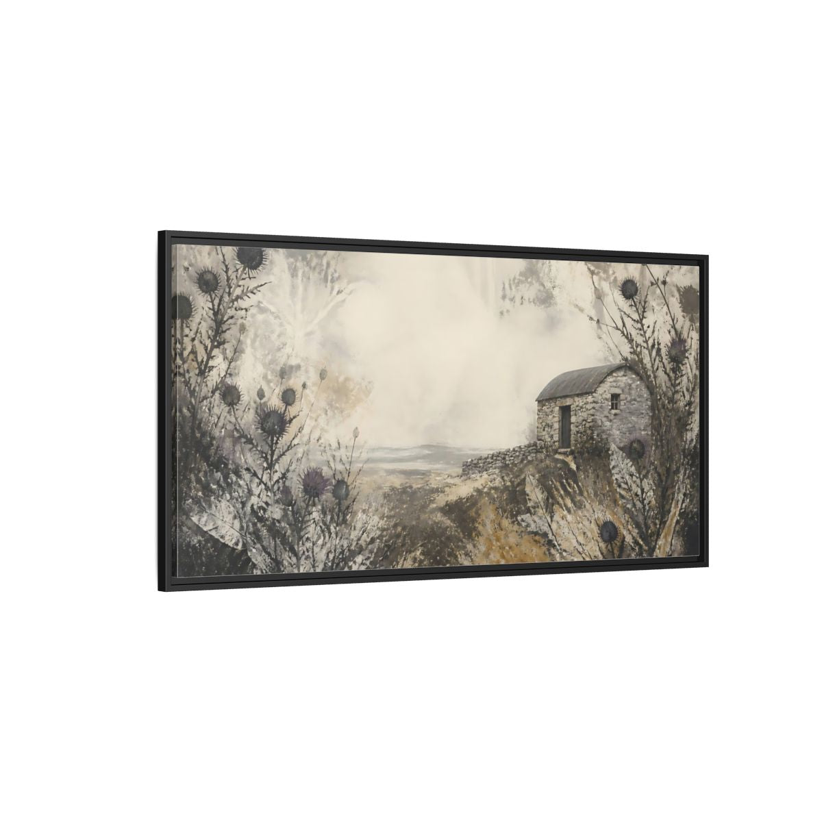 Side Mockup 5. Stone Hut Among Thistles shown as framed canvas print