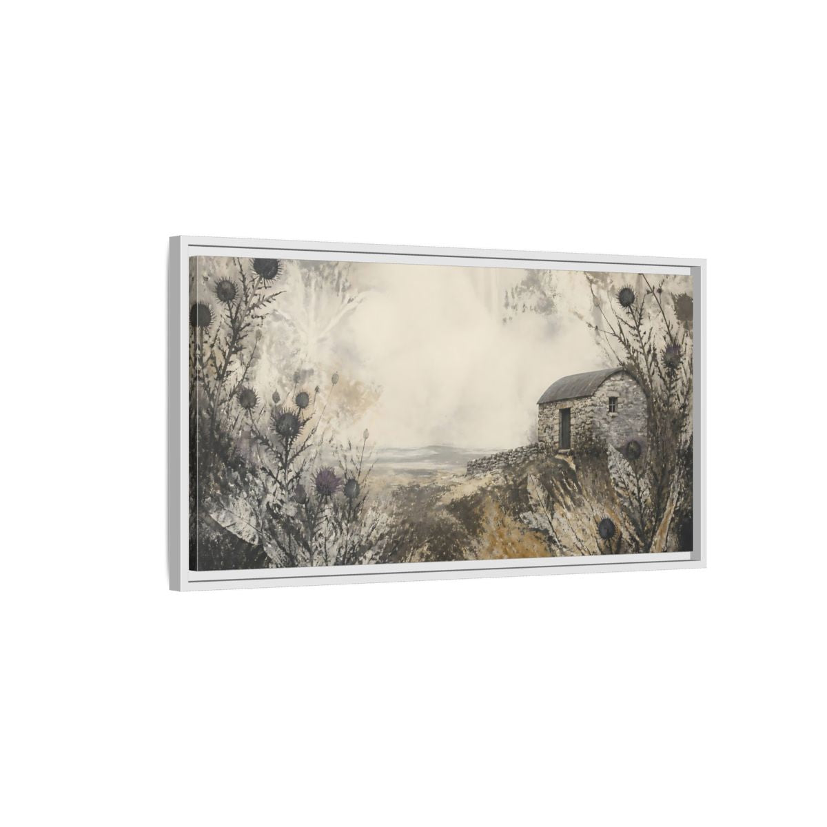 Side Mockup 1. Stone Hut Among Thistles shown as framed canvas print