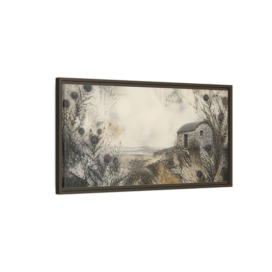 Main Mockup. Stone Hut Among Thistles shown as framed canvas print
