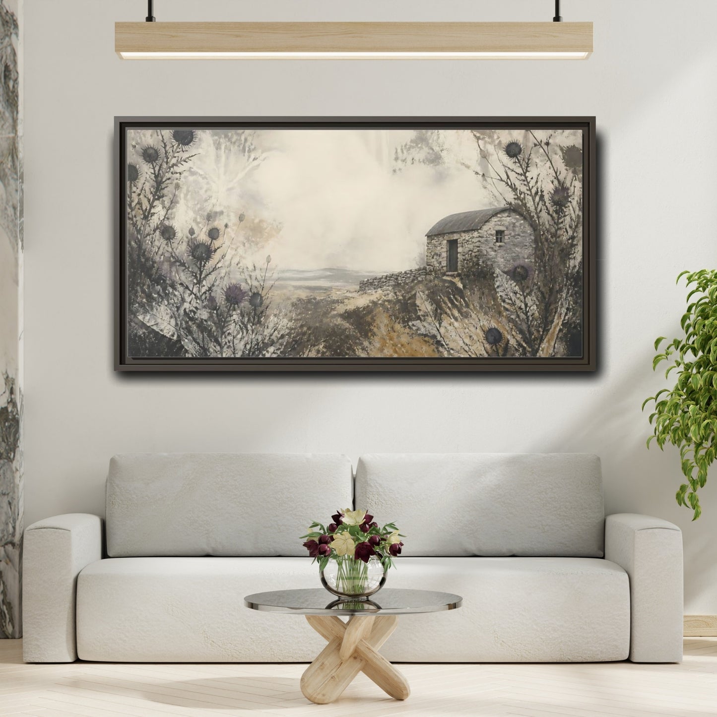 Mockup 2. Stone Hut Among Thistles shown as framed canvas print