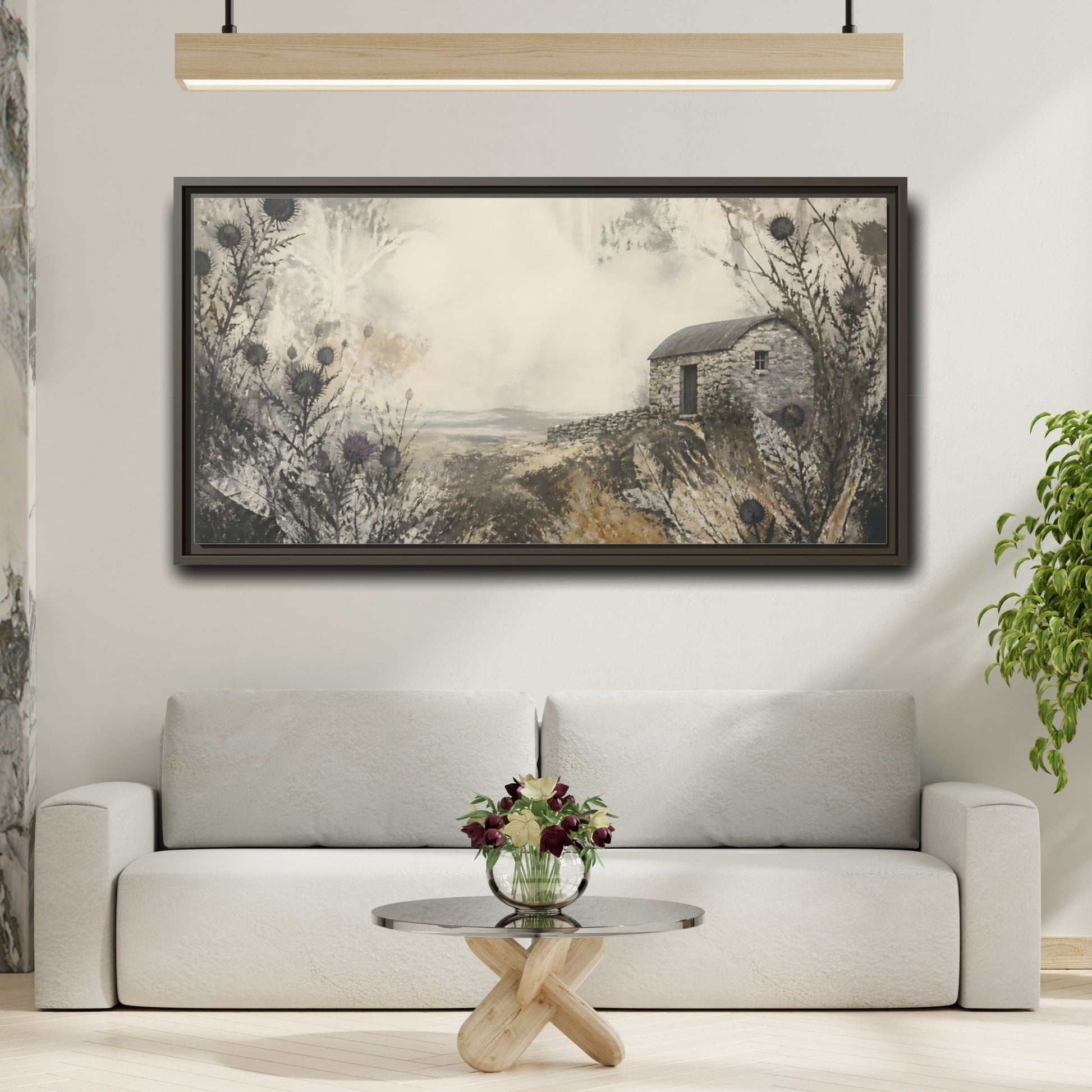 Mockup 2. Stone Hut Among Thistles shown as framed canvas print
