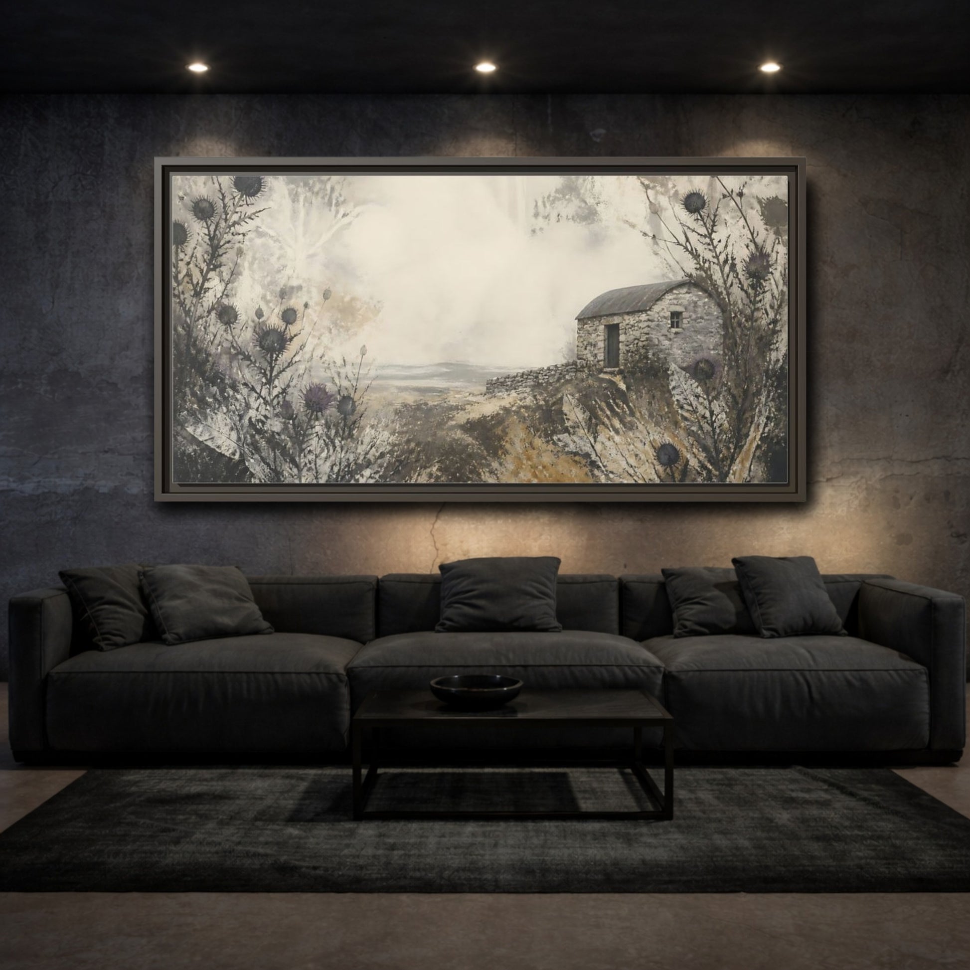 Mockup 3. Stone Hut Among Thistles shown as framed canvas print