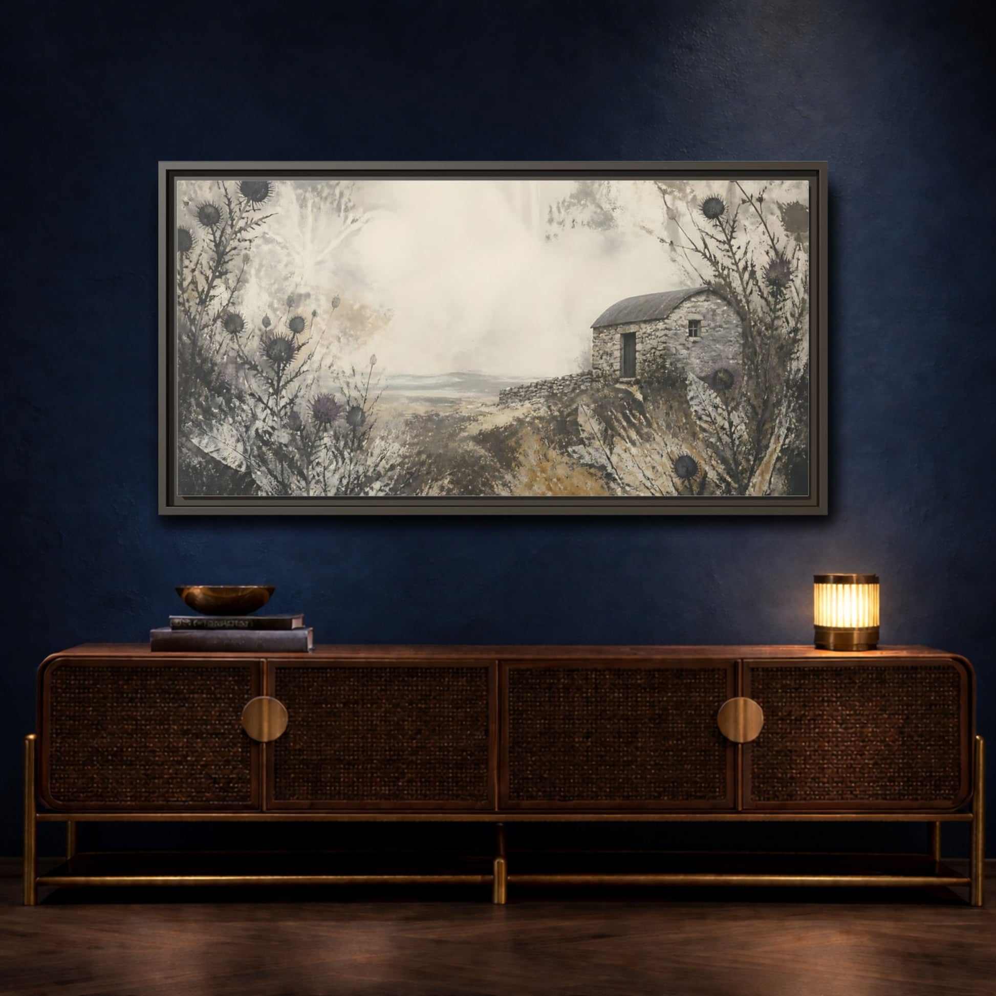 Mockup 4. Stone Hut Among Thistles shown as framed canvas print
