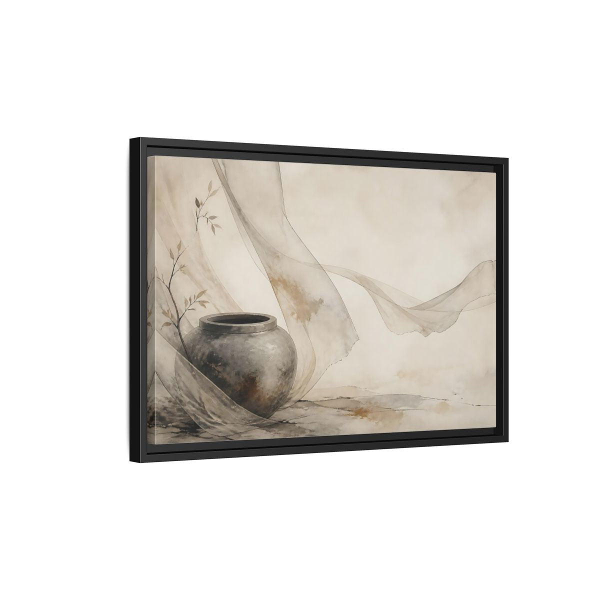 Side Mockup 3. Stone Jar With Flowing Fabric shown as framed canvas print