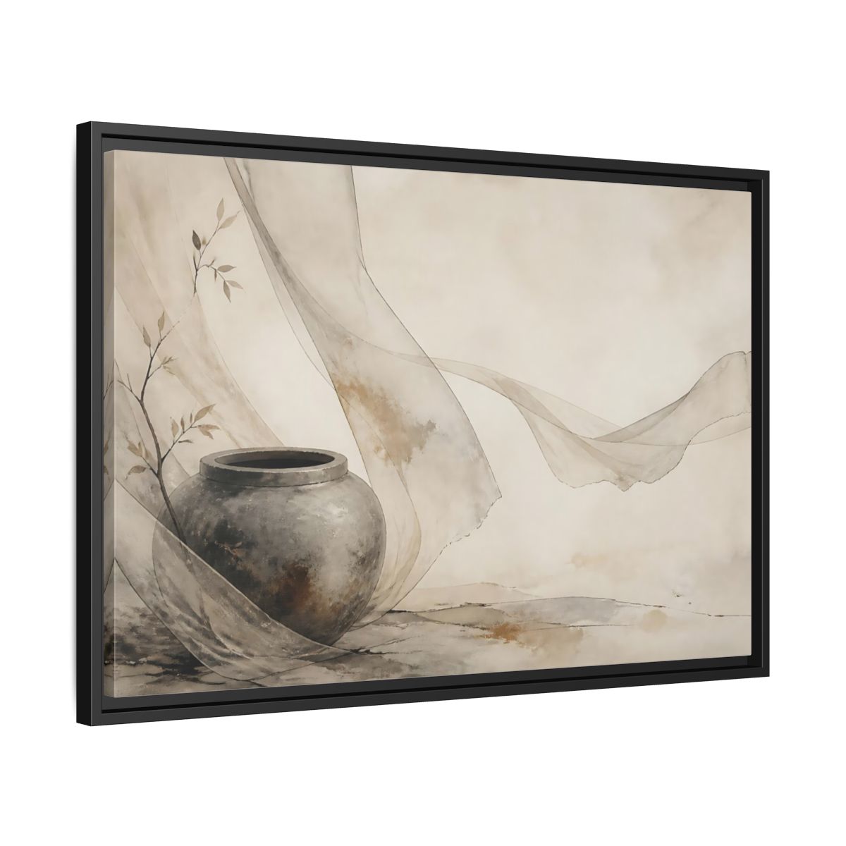Side Mockup 14. Stone Jar With Flowing Fabric shown as framed canvas print