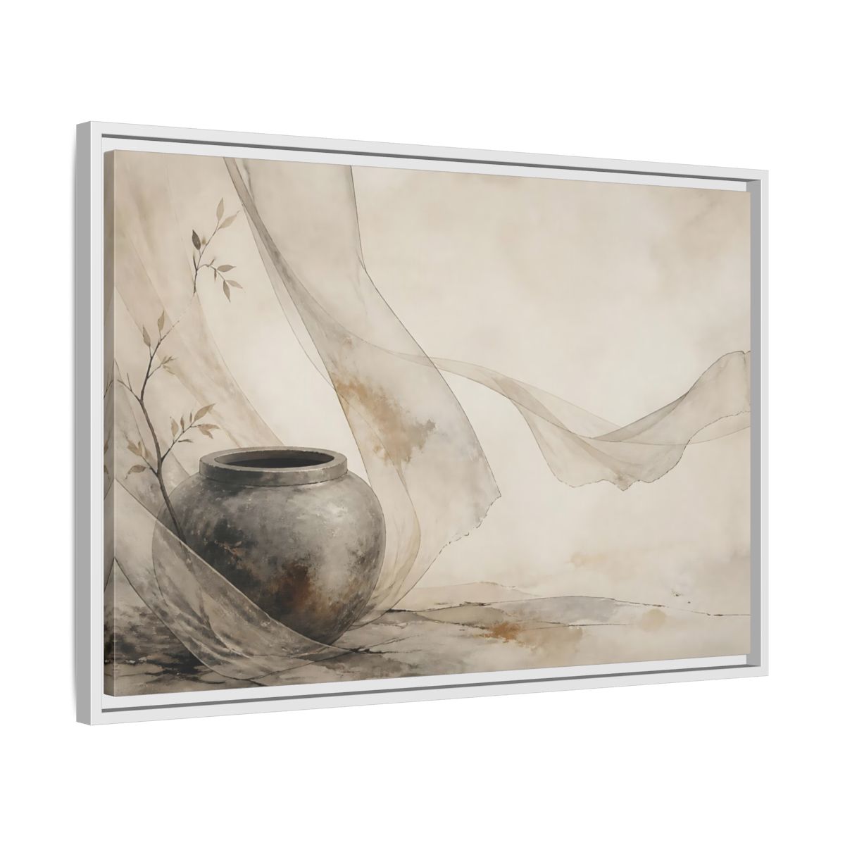 Side Mockup 10. Stone Jar With Flowing Fabric shown as framed canvas print