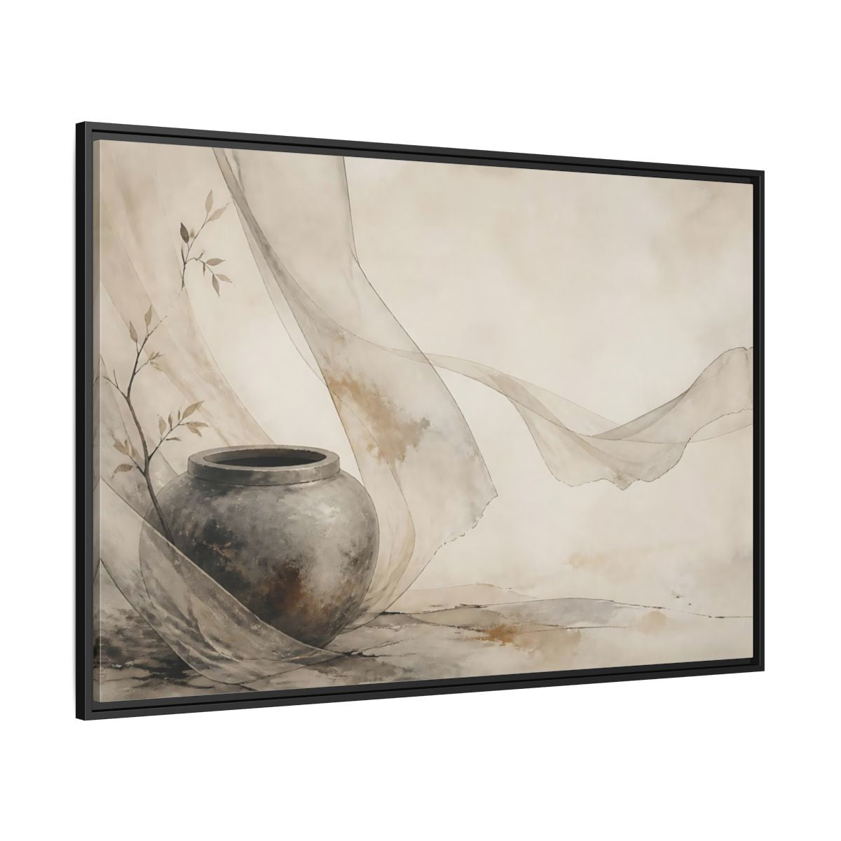 Side Mockup 12. Stone Jar With Flowing Fabric shown as framed canvas print