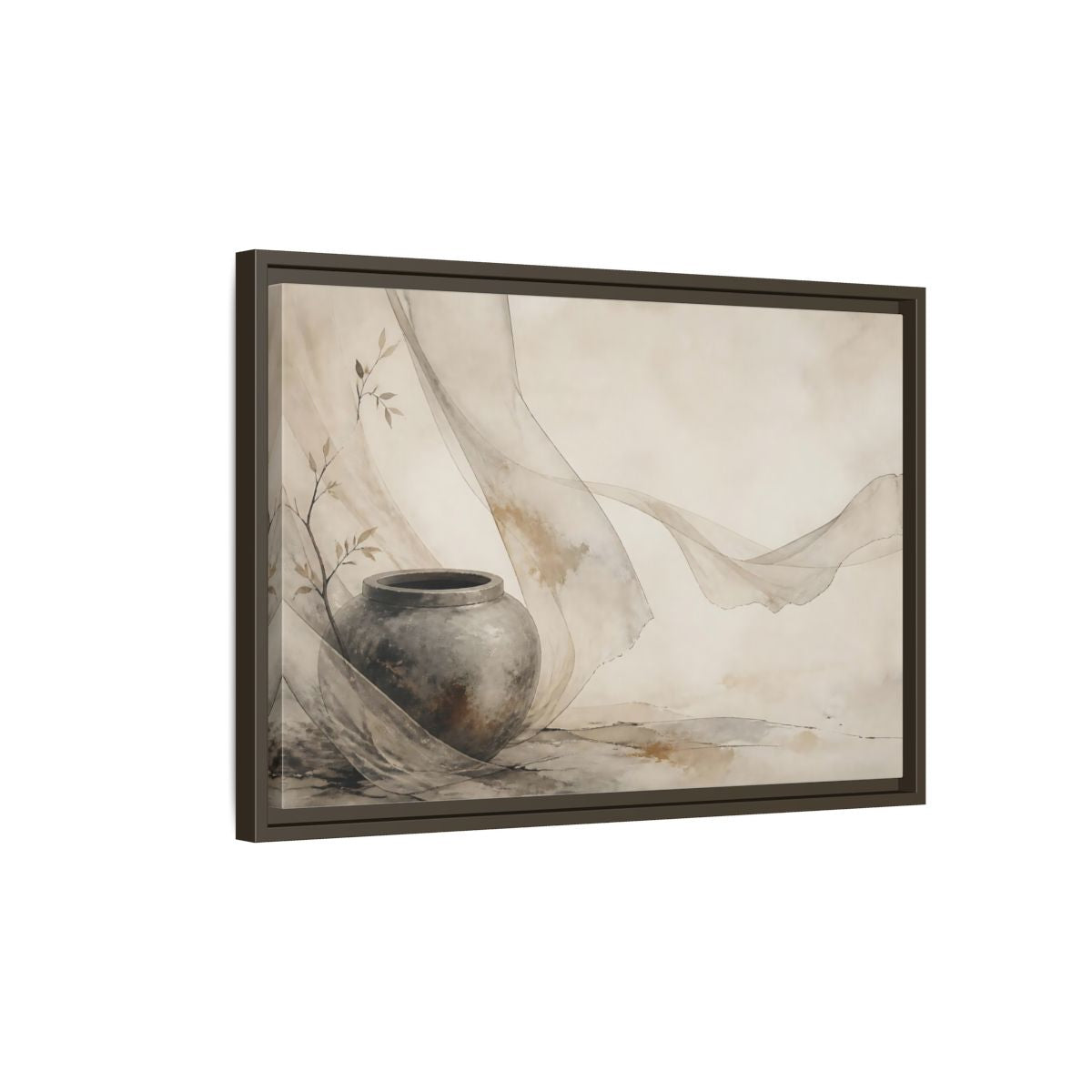 Side Mockup 2. Stone Jar With Flowing Fabric shown as framed canvas print