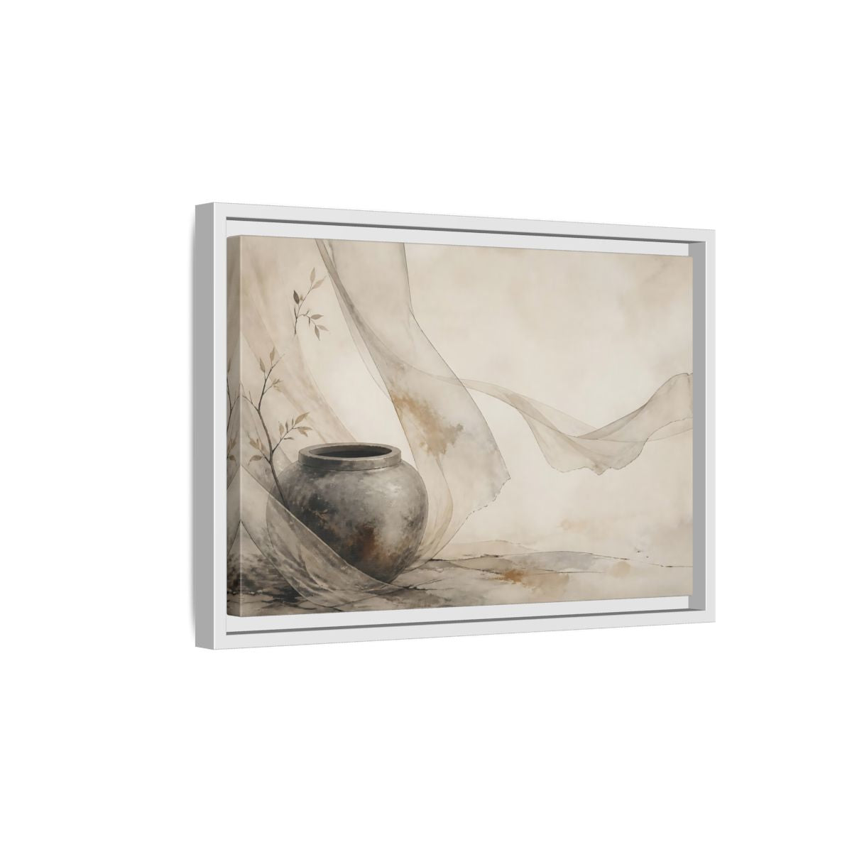 Side Mockup 4. Stone Jar With Flowing Fabric shown as framed canvas print