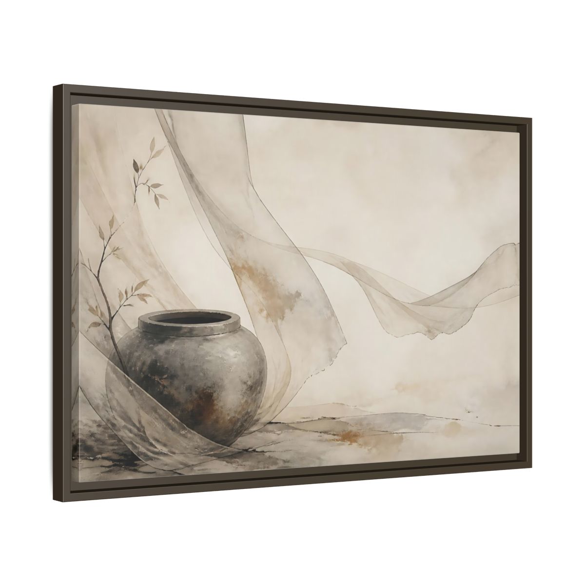 Side Mockup 11. Stone Jar With Flowing Fabric shown as framed canvas print