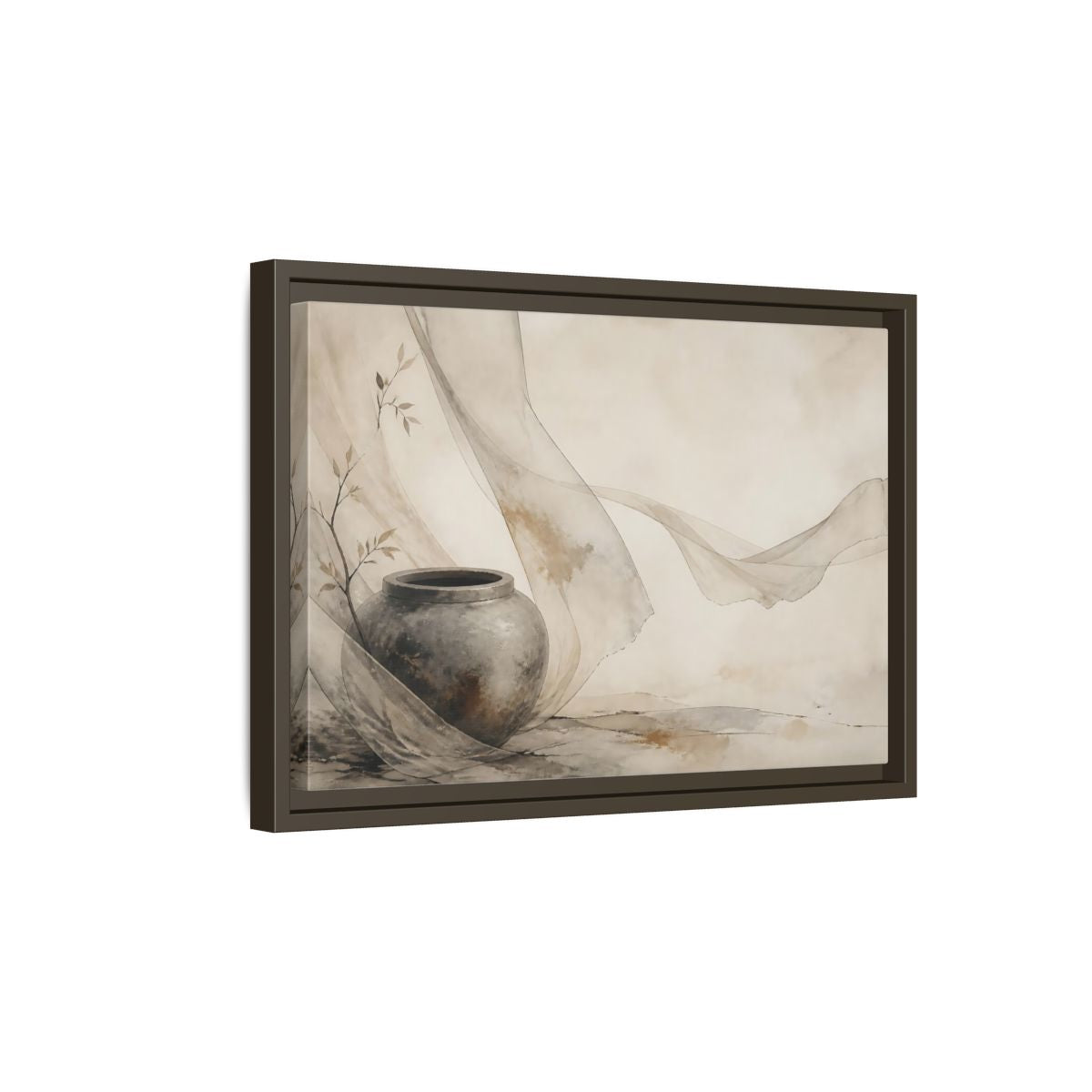 Side Mockup 5. Stone Jar With Flowing Fabric shown as framed canvas print