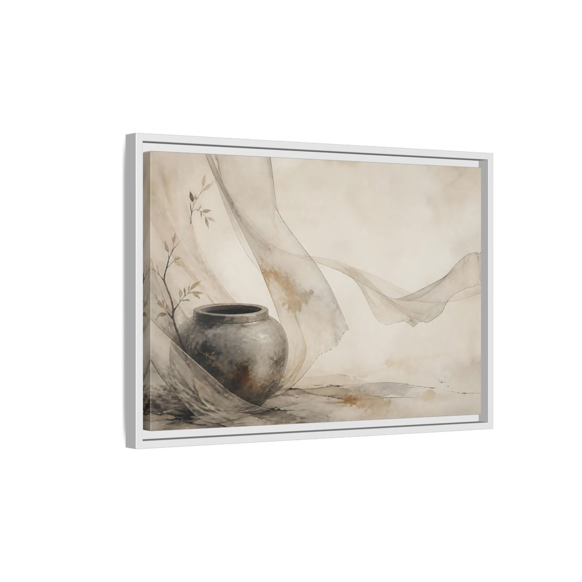 Side Mockup 1. Stone Jar With Flowing Fabric shown as framed canvas print