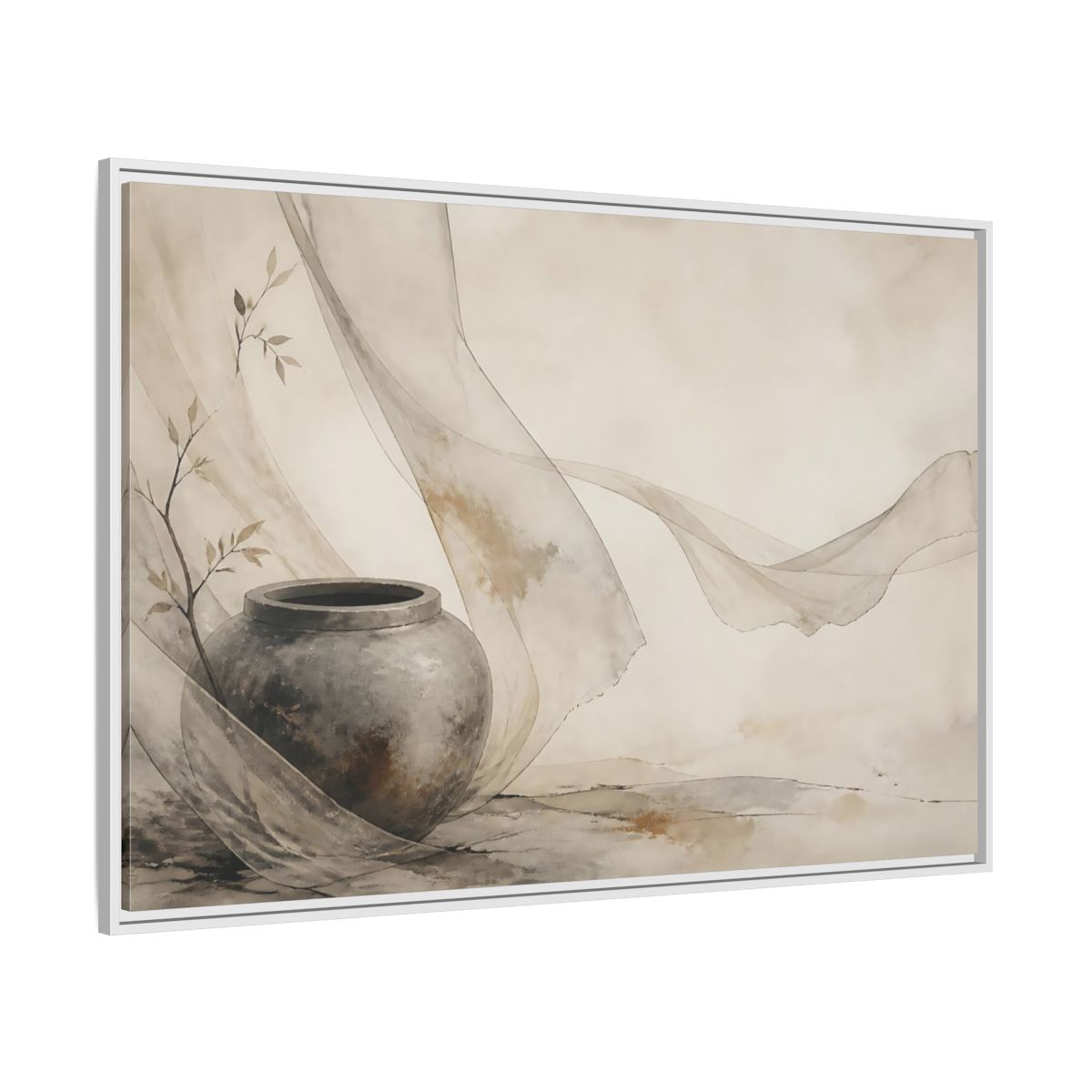 Side Mockup 7. Stone Jar With Flowing Fabric shown as framed canvas print