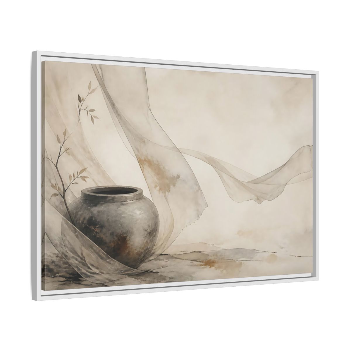 Side Mockup 9. Stone Jar With Flowing Fabric shown as framed canvas print