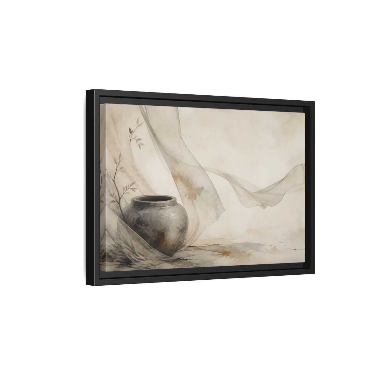 Side Mockup 6. Stone Jar With Flowing Fabric shown as framed canvas print