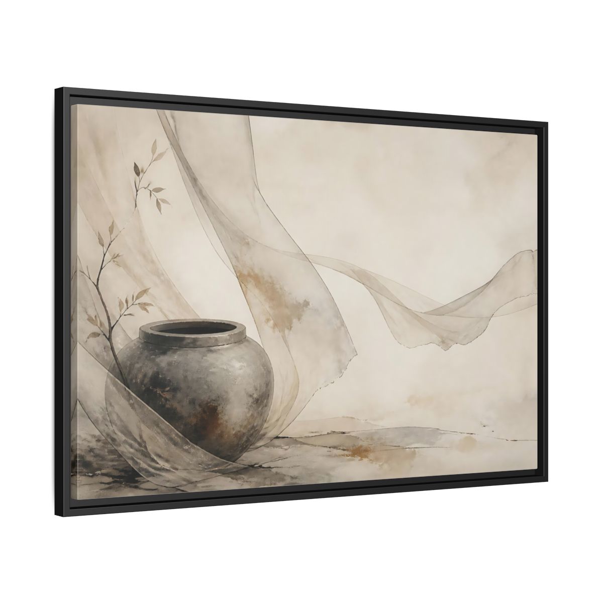 Side Mockup 13. Stone Jar With Flowing Fabric shown as framed canvas print