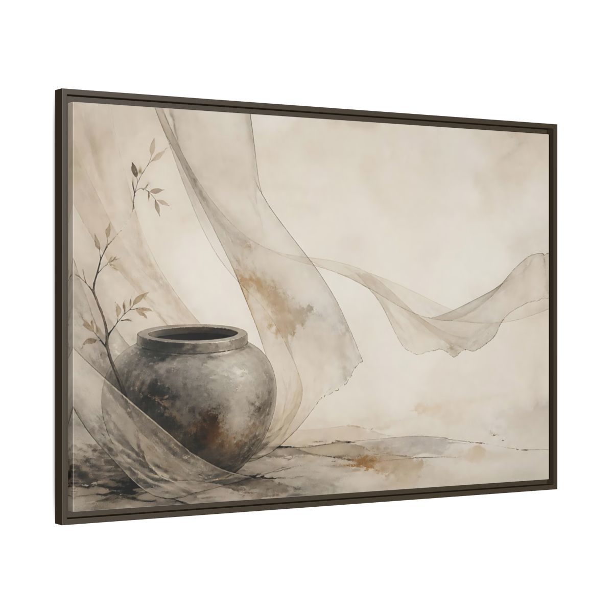 Side Mockup 8. Stone Jar With Flowing Fabric shown as framed canvas print