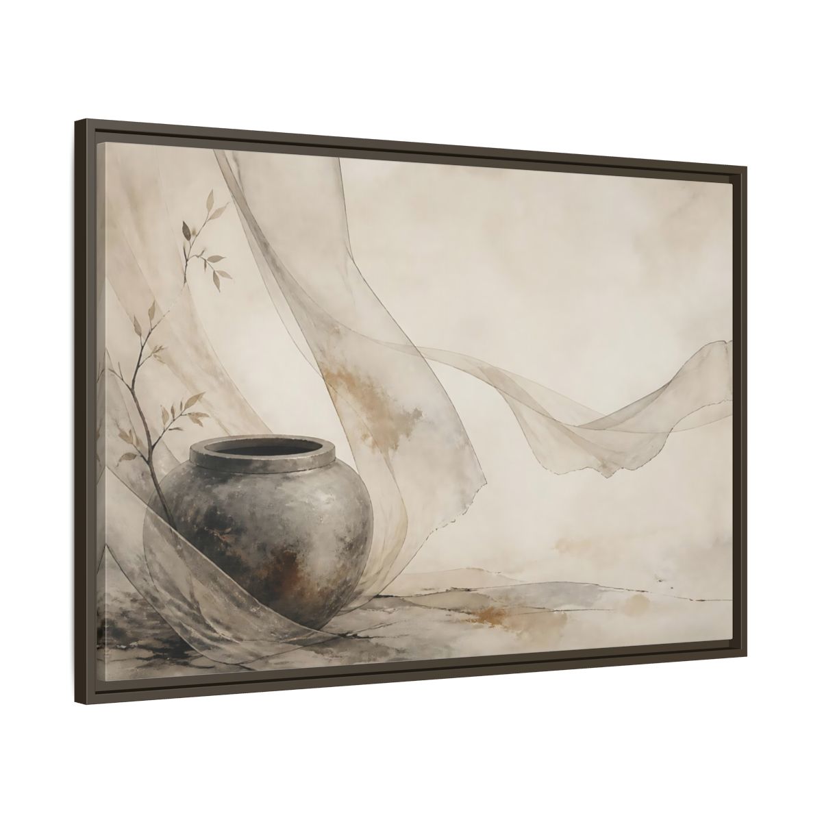 Main Mockup. Stone Jar With Flowing Fabric shown as framed canvas print