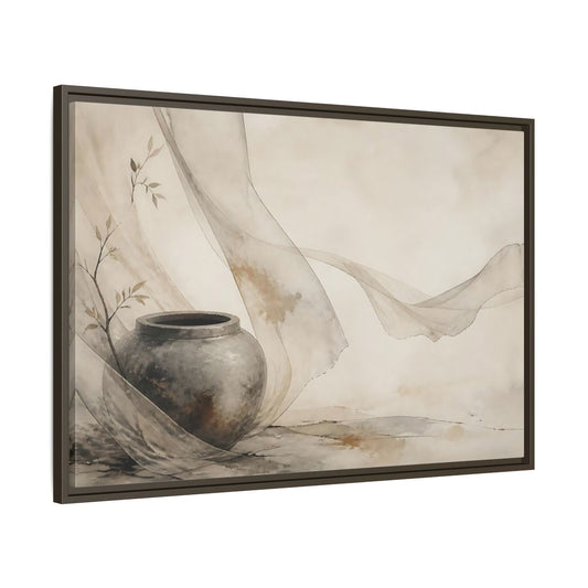 Main Mockup. Stone Jar With Flowing Fabric shown as framed canvas print