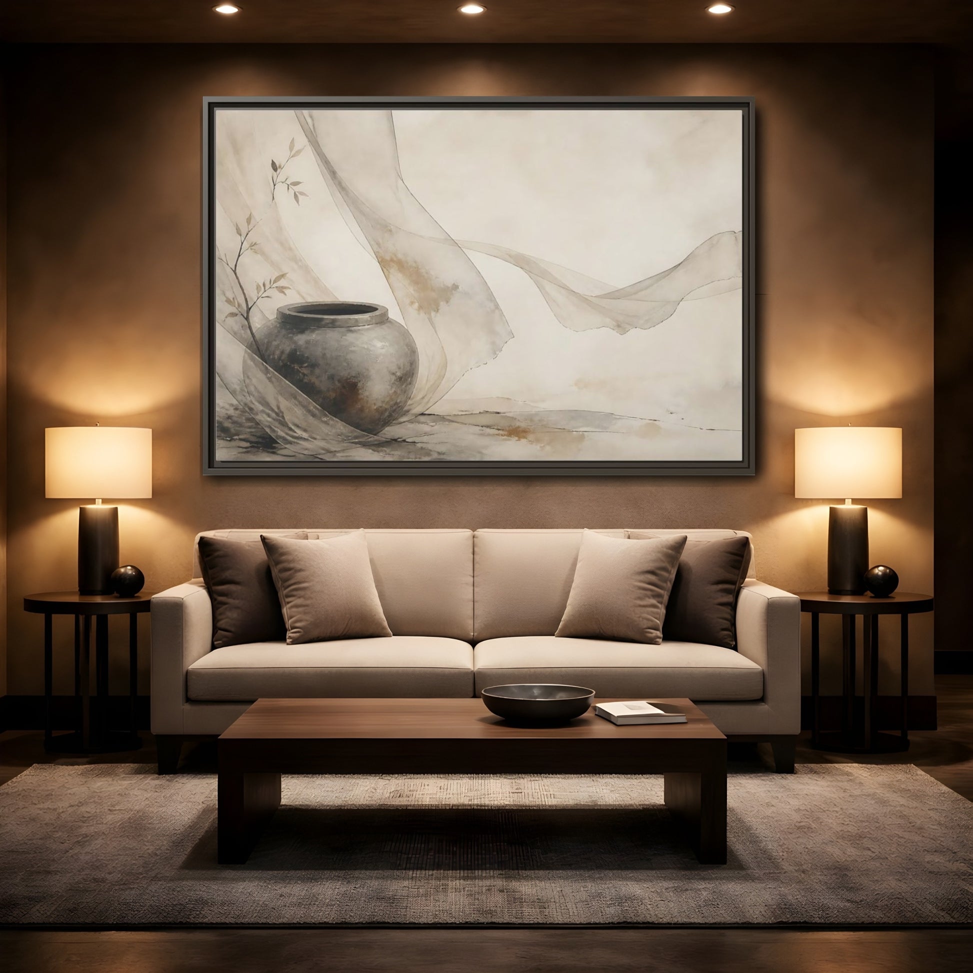 Mockup 2. Stone Jar With Flowing Fabric shown as framed canvas print