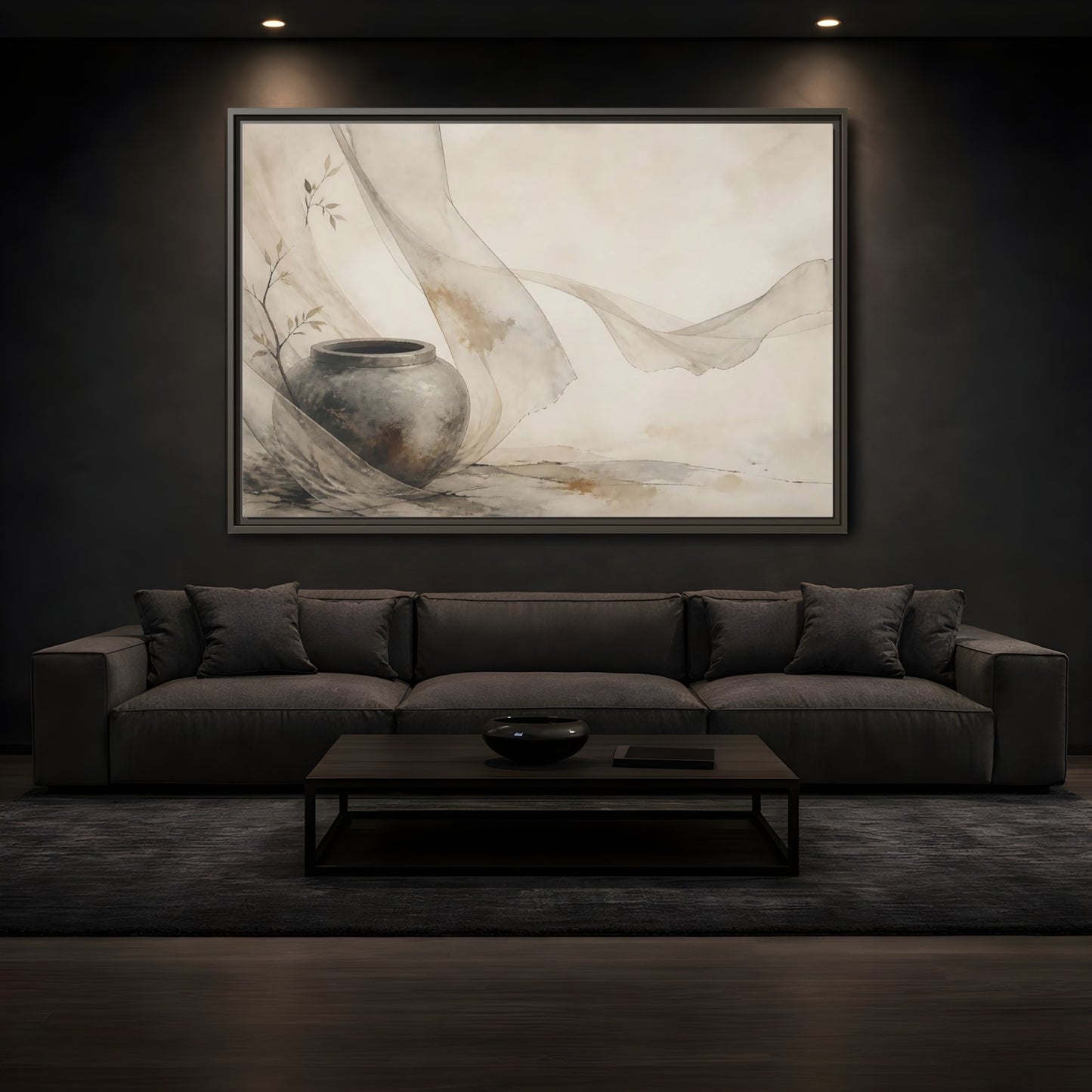 Mockup 3. Stone Jar With Flowing Fabric shown as framed canvas print