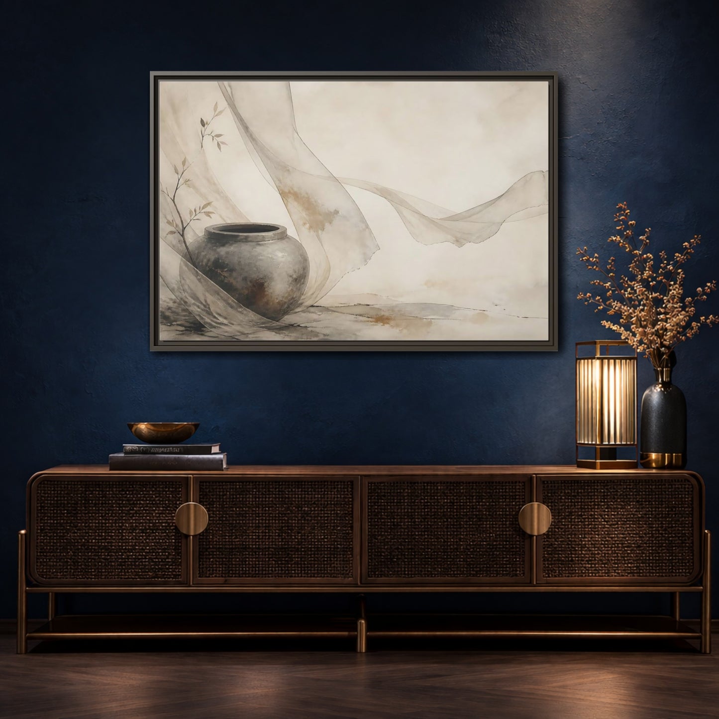 Mockup 4. Stone Jar With Flowing Fabric shown as framed canvas print