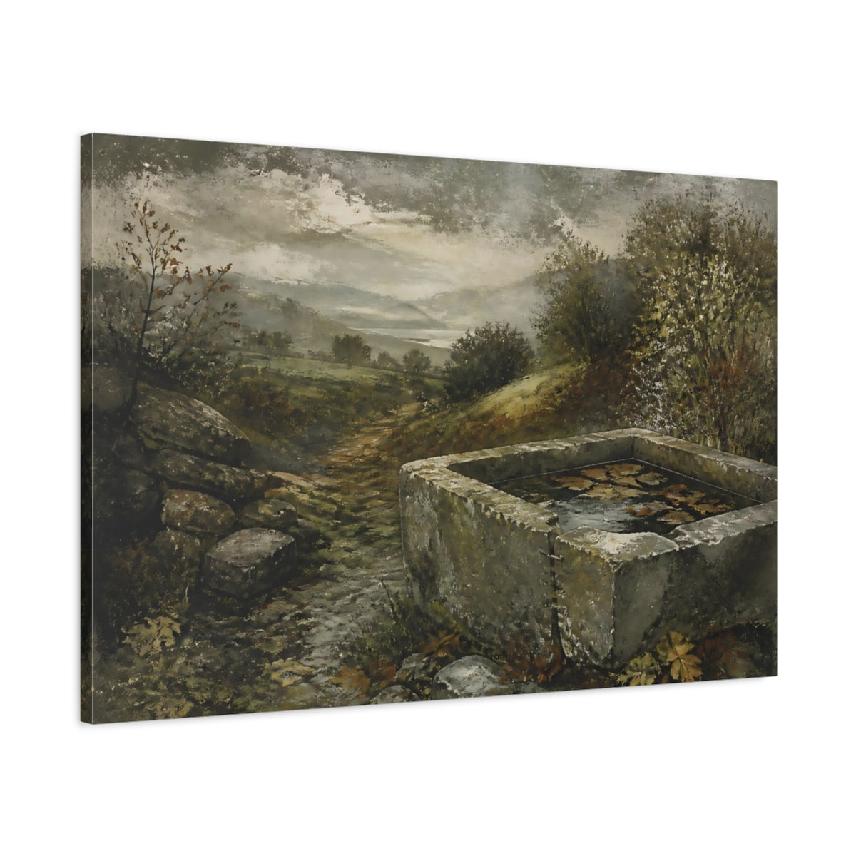 Main Mockup. Stone Trough In Autumn shown as canvas print