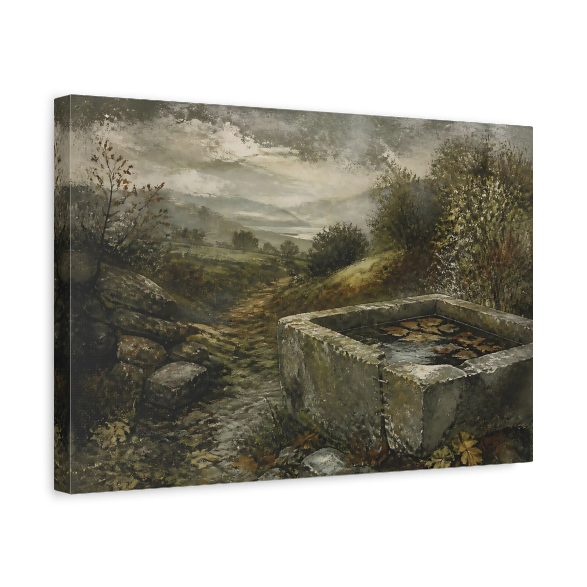 Side Mockup 4. Stone Trough In Autumn shown as canvas print
