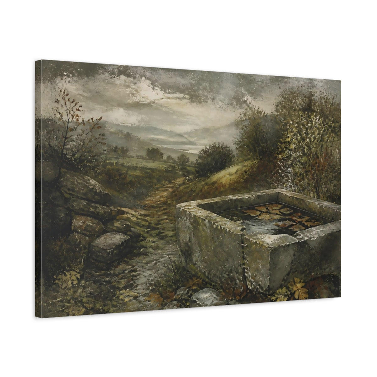 Side Mockup 2. Stone Trough In Autumn shown as canvas print