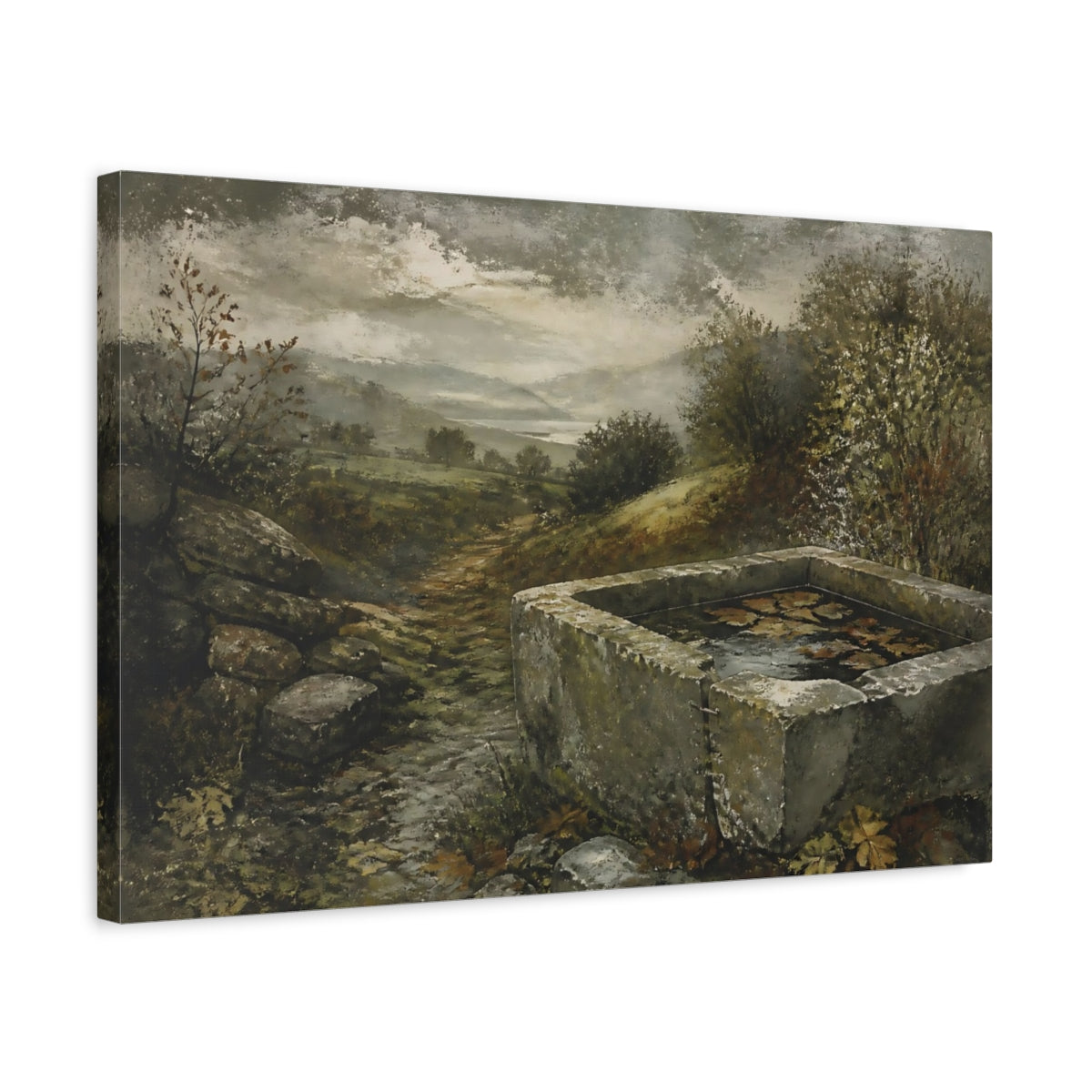 Side Mockup 3. Stone Trough In Autumn shown as canvas print