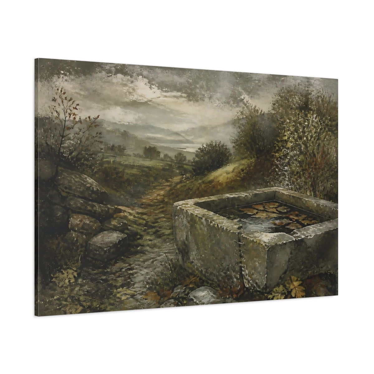 Side Mockup 1. Stone Trough In Autumn shown as canvas print