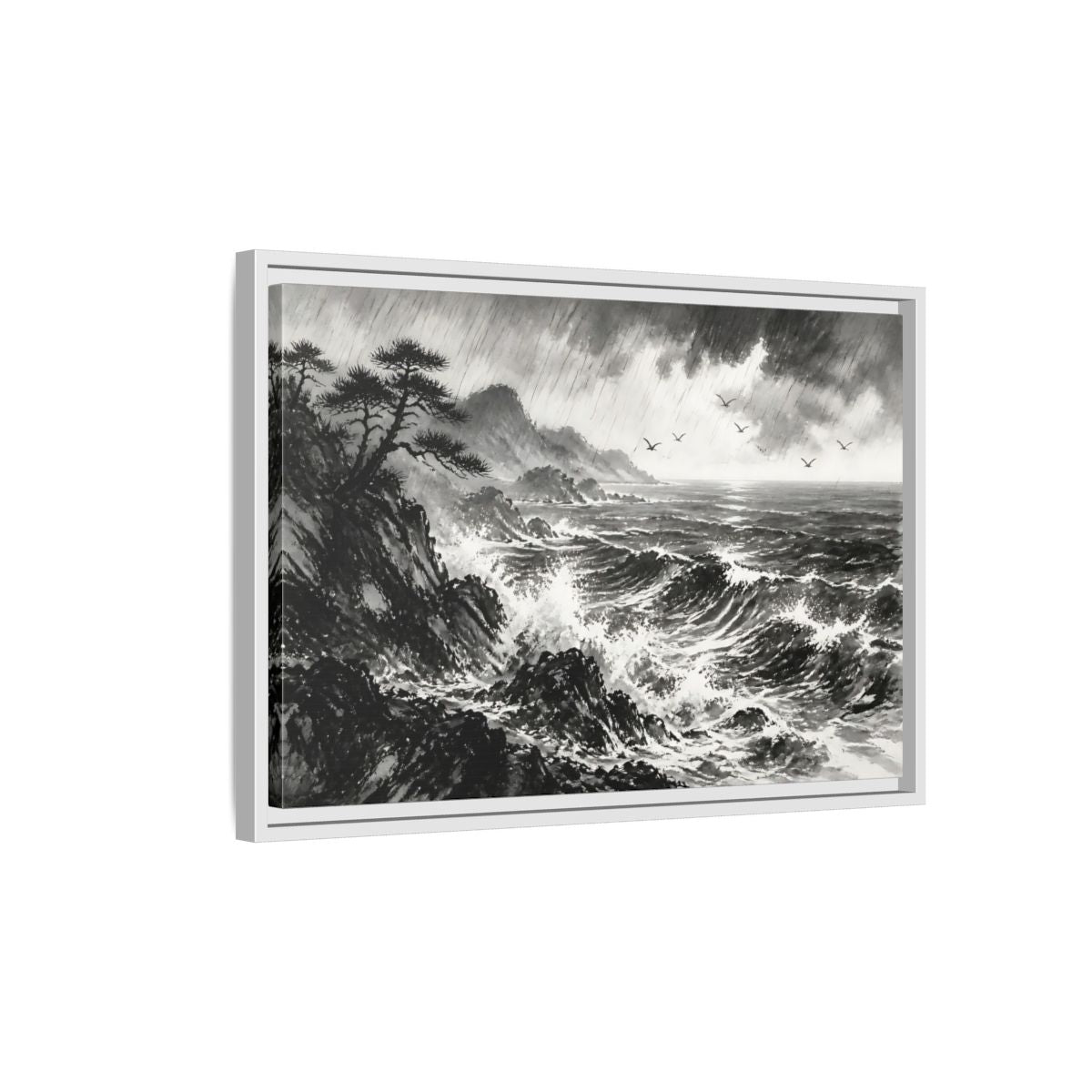 Side Mockup 1. Storm On The Rocky Coast shown as framed canvas print
