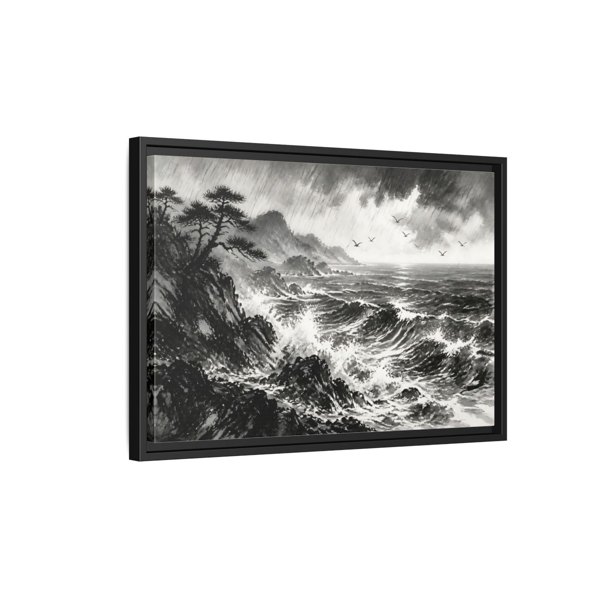 Side Mockup 3. Storm On The Rocky Coast shown as framed canvas print