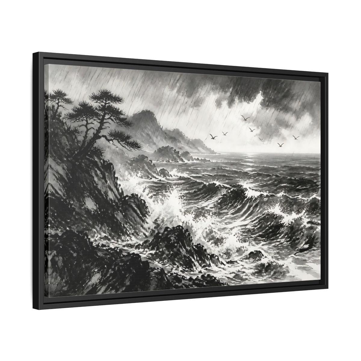 Side Mockup 14. Storm On The Rocky Coast shown as framed canvas print