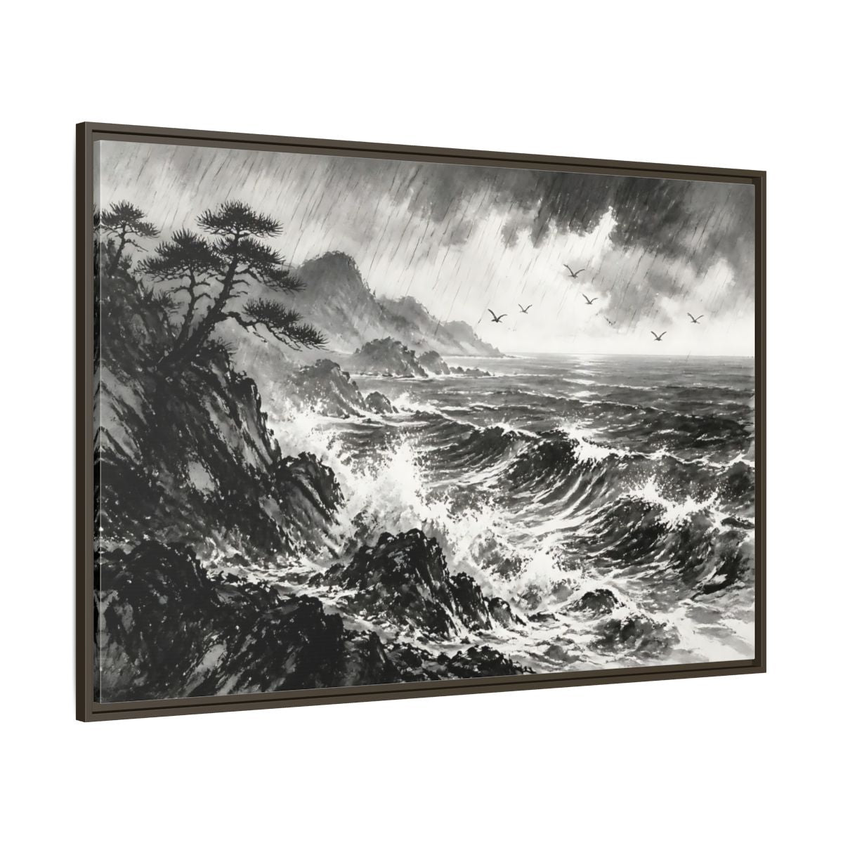 Side Mockup 8. Storm On The Rocky Coast shown as framed canvas print