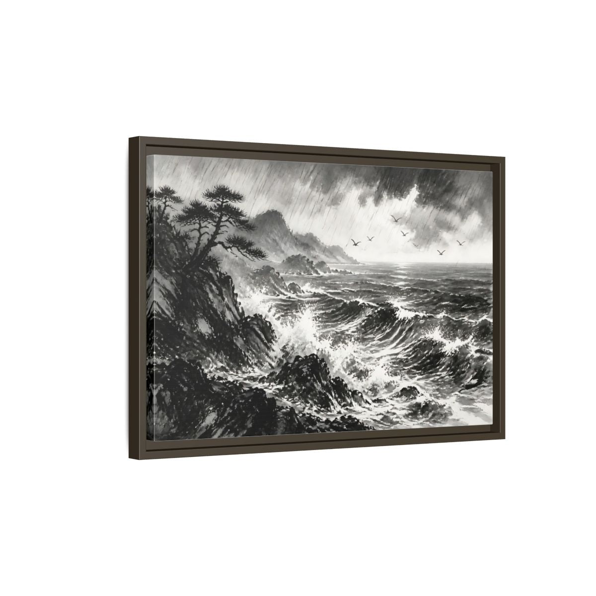 Side Mockup 2. Storm On The Rocky Coast shown as framed canvas print
