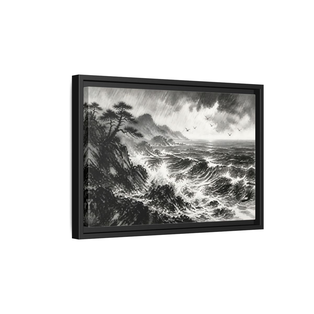 Side Mockup 6. Storm On The Rocky Coast shown as framed canvas print