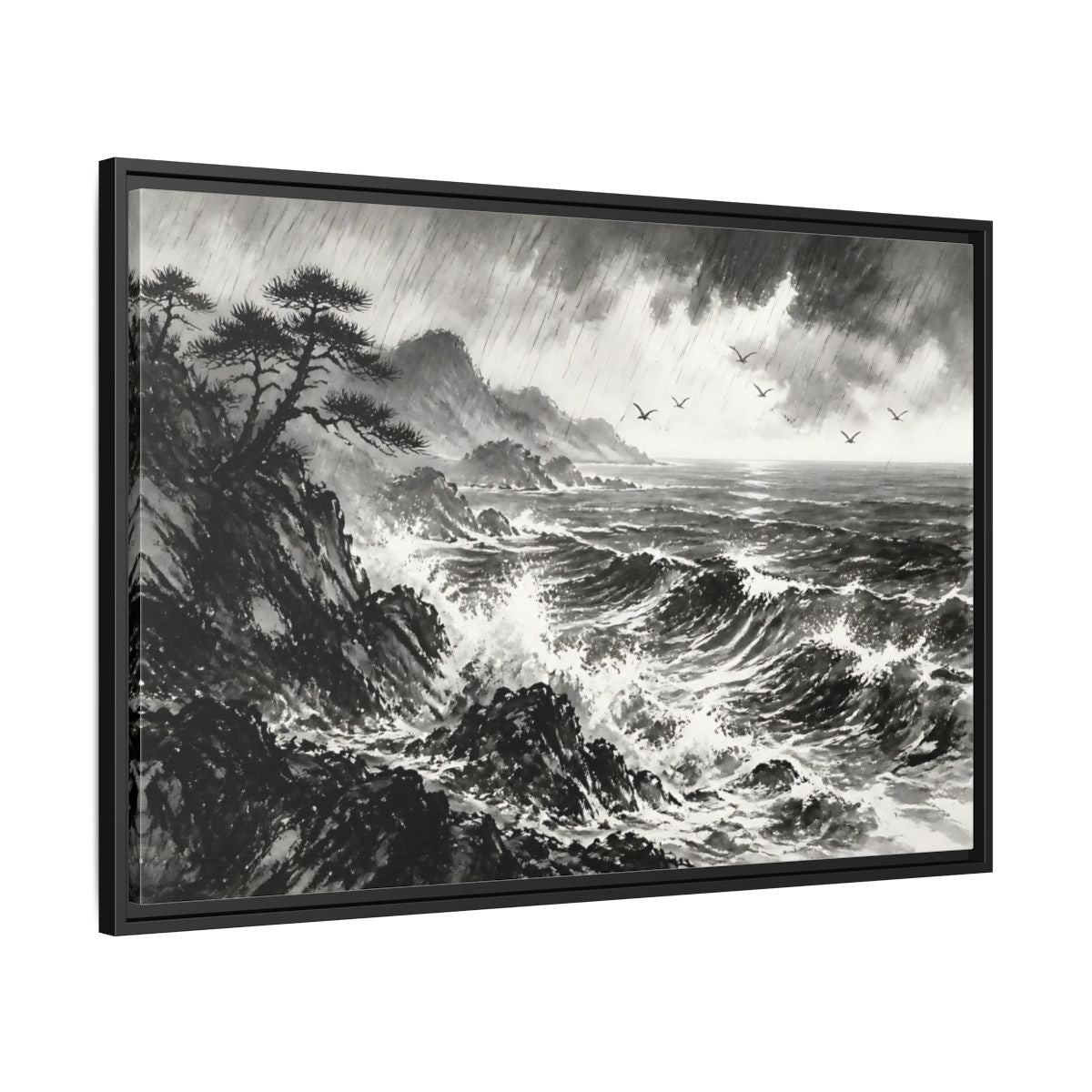 Side Mockup 13. Storm On The Rocky Coast shown as framed canvas print