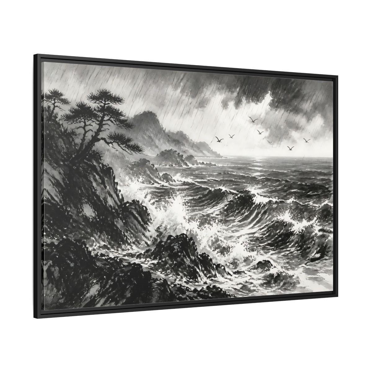 Side Mockup 12. Storm On The Rocky Coast shown as framed canvas print