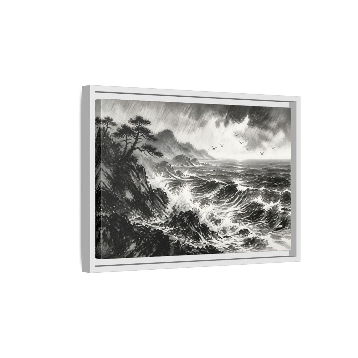 Side Mockup 4. Storm On The Rocky Coast shown as framed canvas print