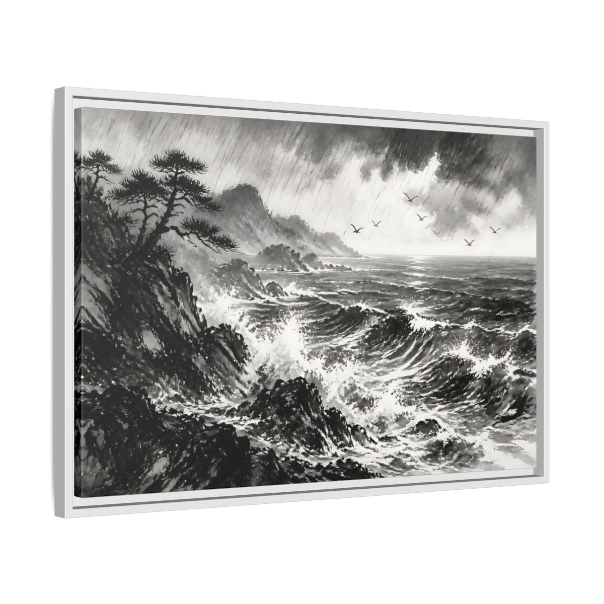Side Mockup 10. Storm On The Rocky Coast shown as framed canvas print