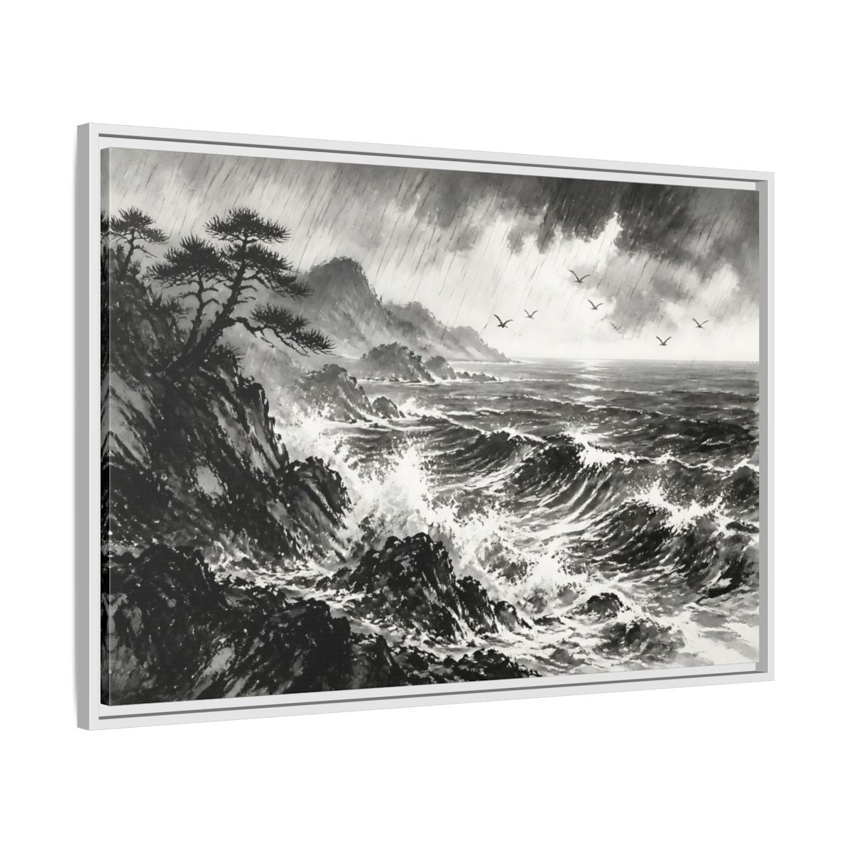 Side Mockup 9. Storm On The Rocky Coast shown as framed canvas print
