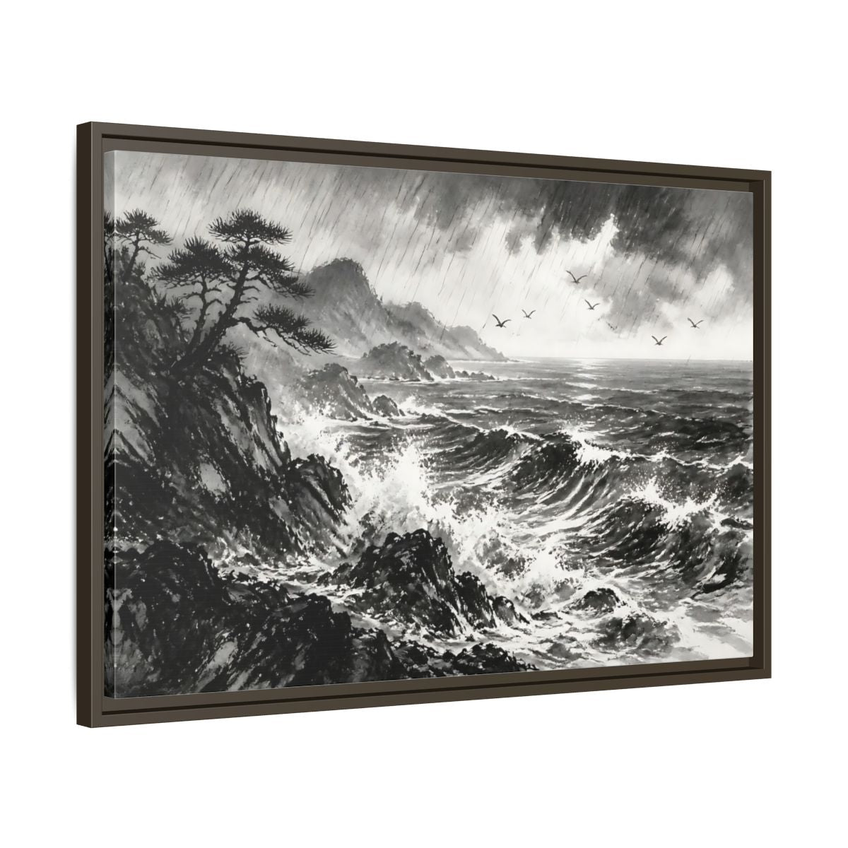 Side Mockup 11. Storm On The Rocky Coast shown as framed canvas print
