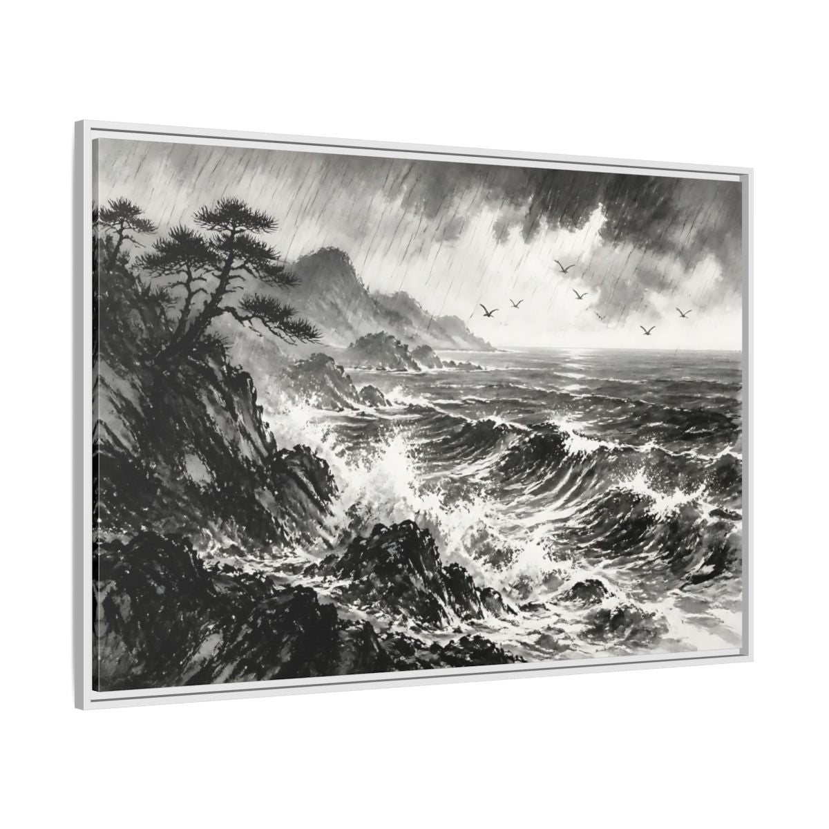 Side Mockup 7. Storm On The Rocky Coast shown as framed canvas print