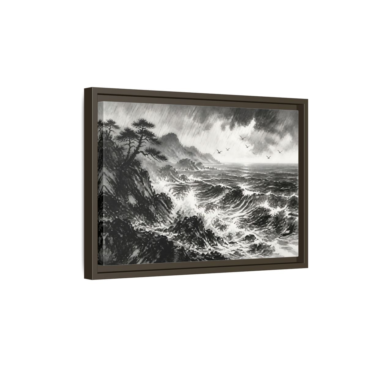 Side Mockup 5. Storm On The Rocky Coast shown as framed canvas print