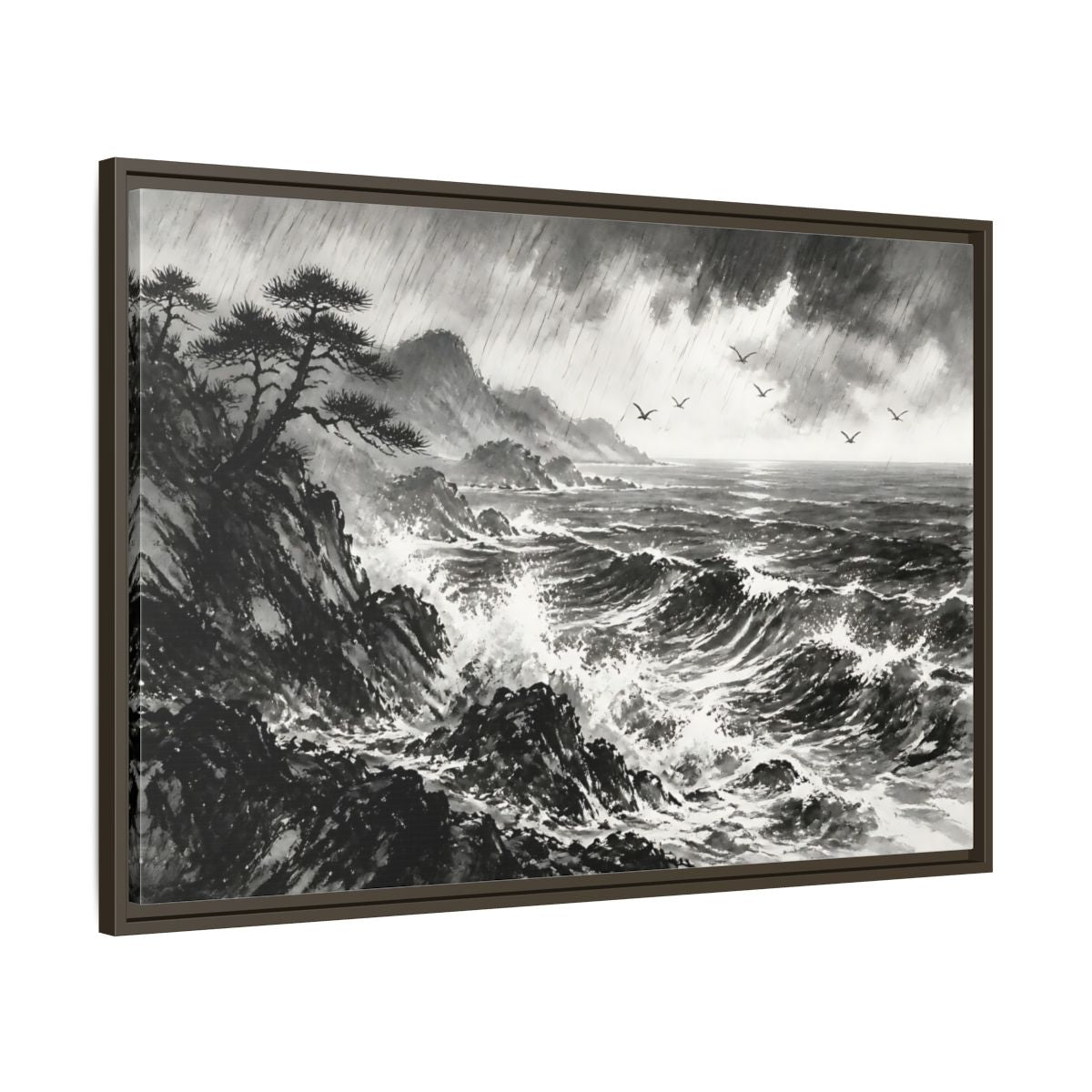 Main Mockup. Storm On The Rocky Coast shown as framed canvas print